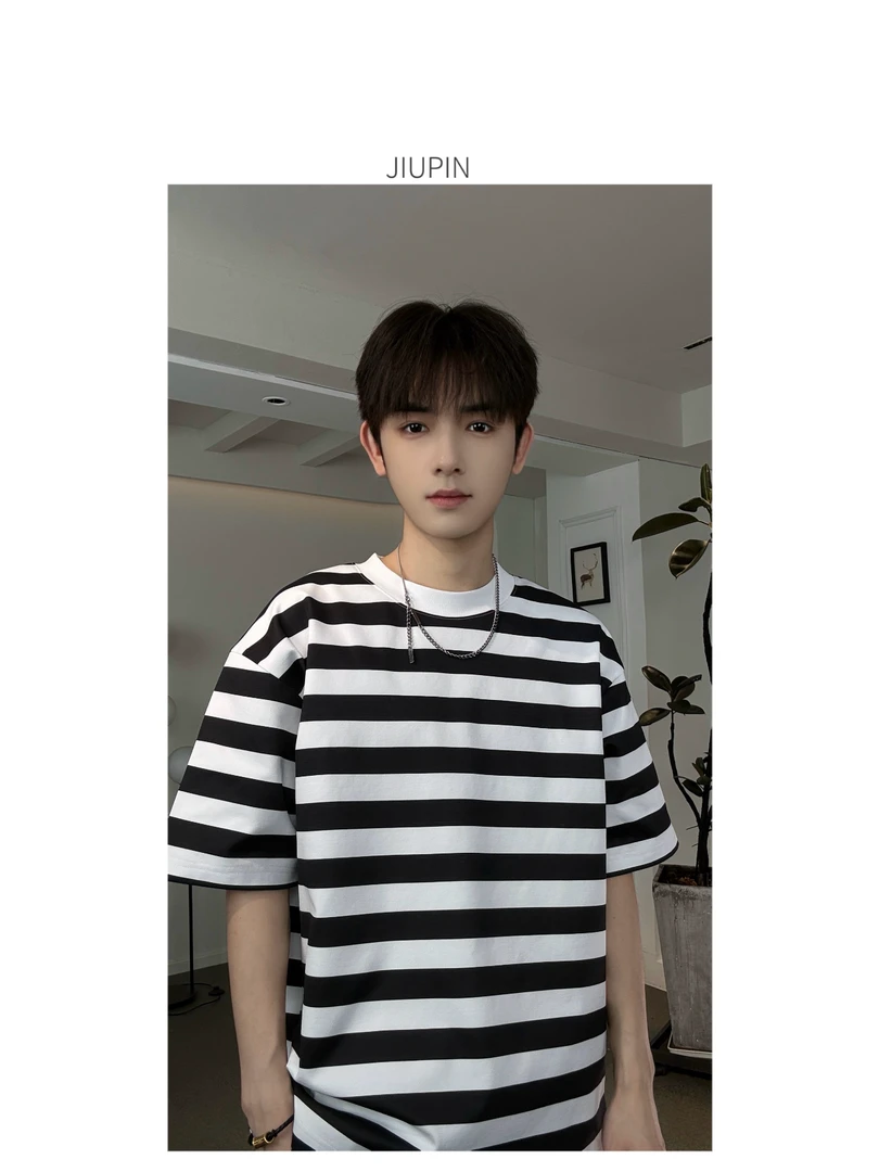 （JIUPIN）夏季男女同款经典百搭宽松休闲圆领条纹短袖T恤T-981