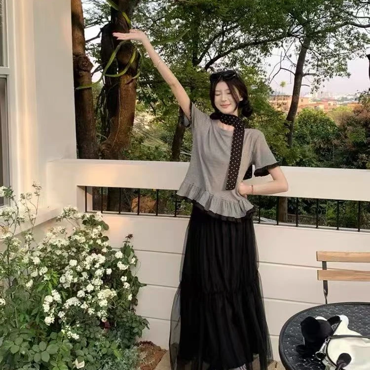 法式气质拼接荷叶边短袖T恤网纱半身长裙女2025夏季新款时尚套装