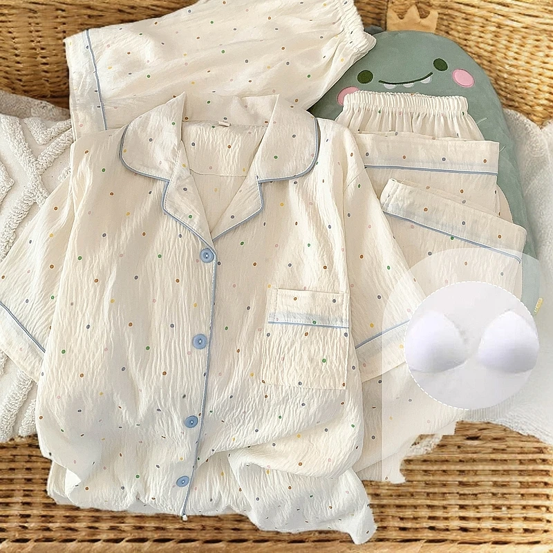 夏季短袖带胸垫睡衣女套装云朵棉薄透气甜美风波点三件套家居服