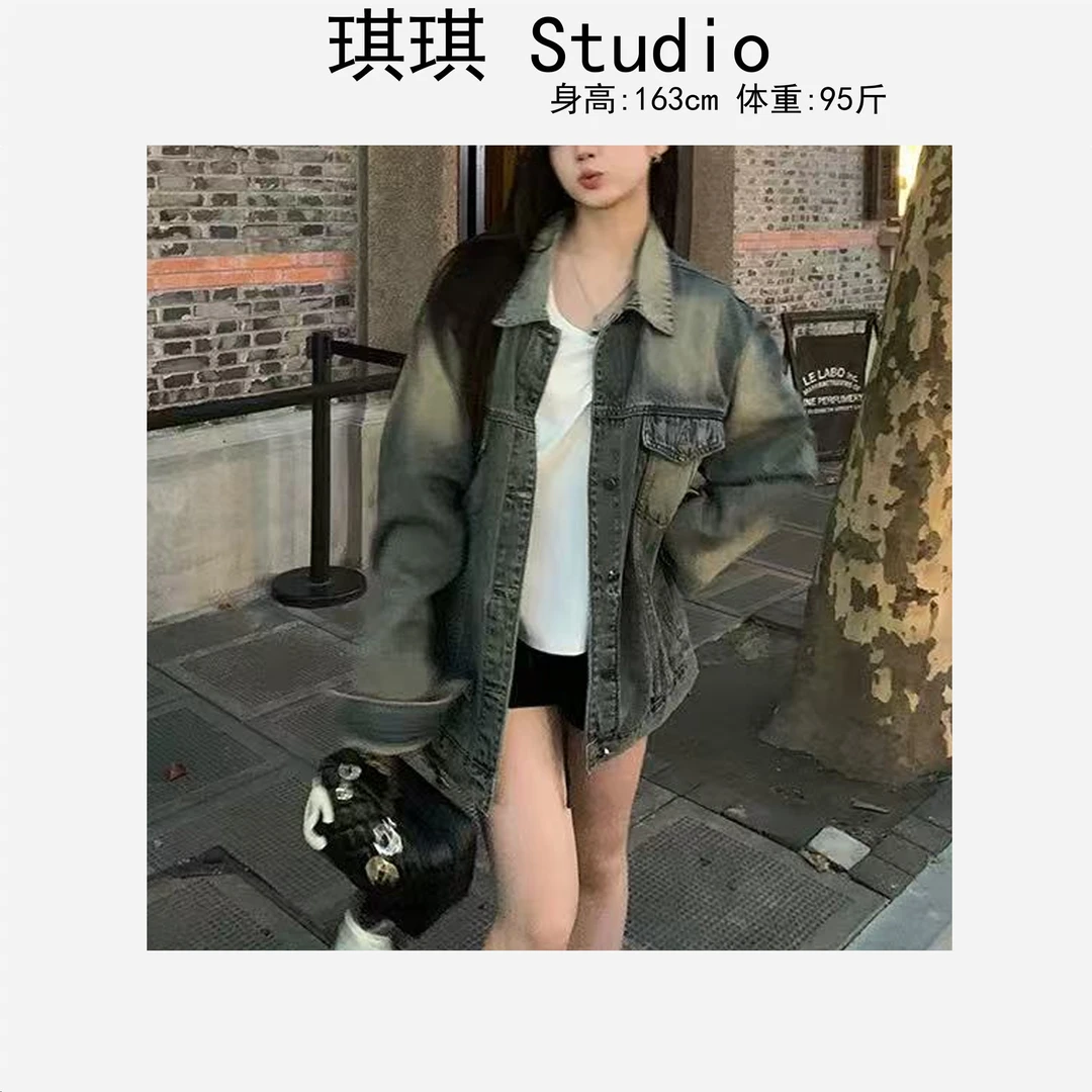 早春新款韩版复古宽松显瘦减龄翻领排扣休闲百搭牛仔外套9956-G