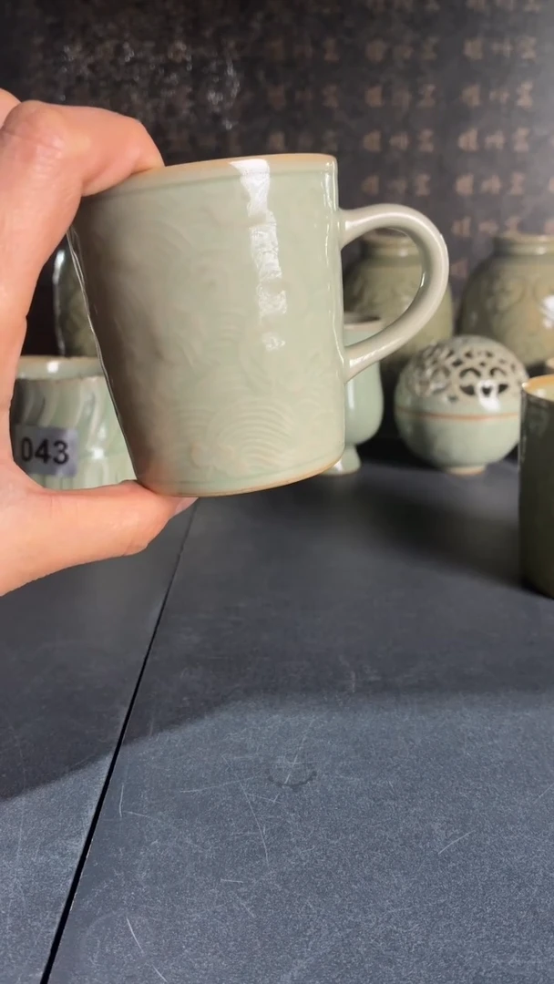 耀州窑仰山天青落花流水咖啡杯微瑕无盖