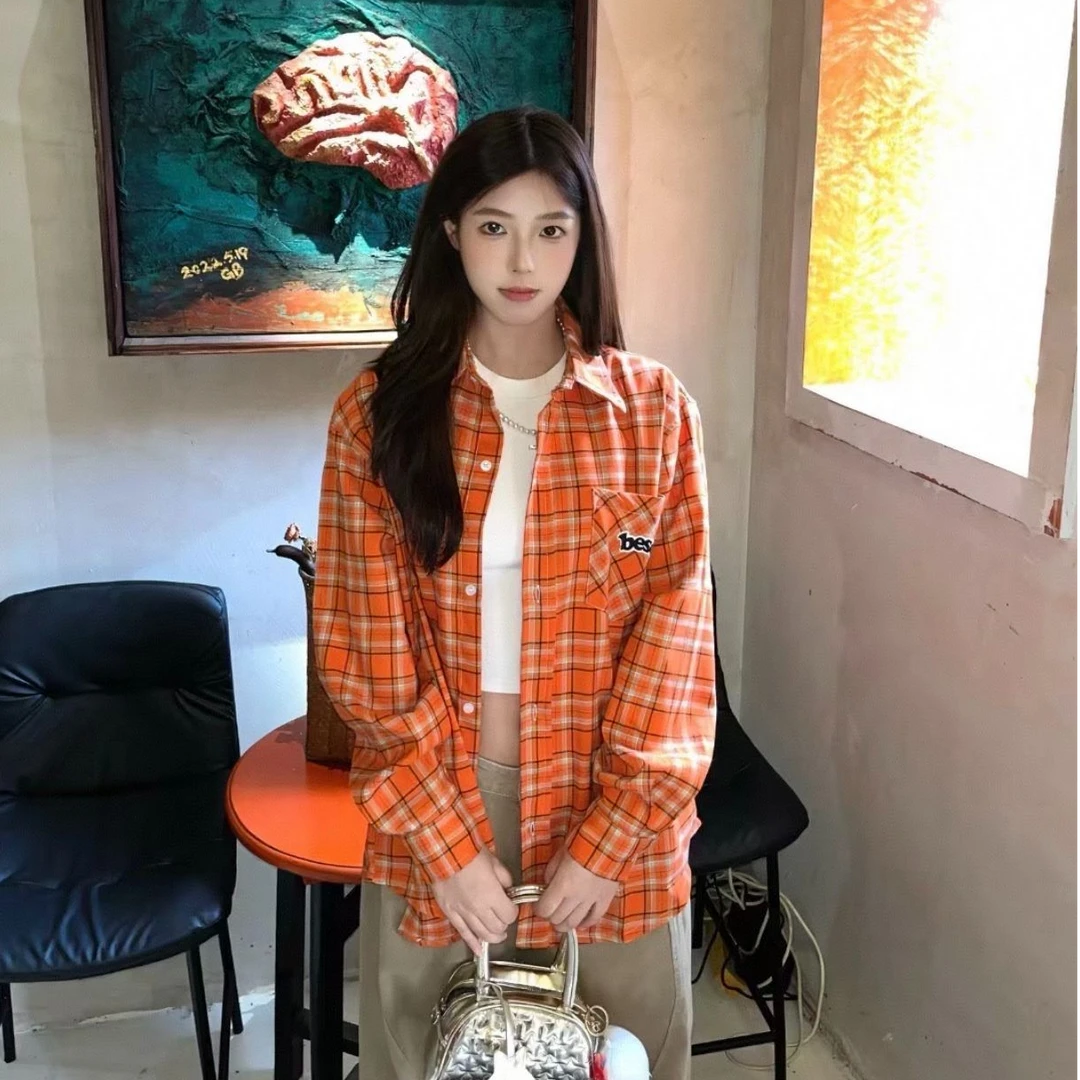 橙色宽松刺绣格子衬衫女款外穿秋季新款开衫上衣复古休闲衬衣外套
