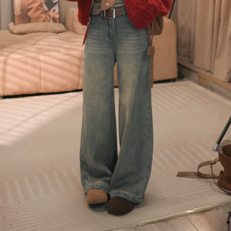 韩系加绒加厚高腰牛仔宽松显瘦牛仔阔腿裤LK2508966