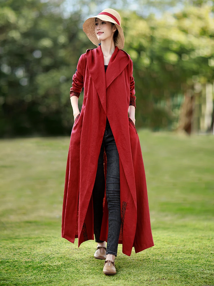 赫轩原著民春季新款文艺复古女装高档亚麻风衣外套显瘦气质大衣秋