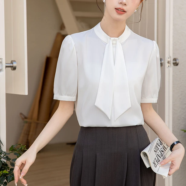 【法式小别致】垂感飘带白衬衫女夏季短袖设计感小众立领职业衬衣OL