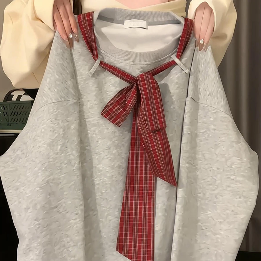 美式复古系带拼接撞色卫衣女春秋宽松oversize设计感休闲百搭外套