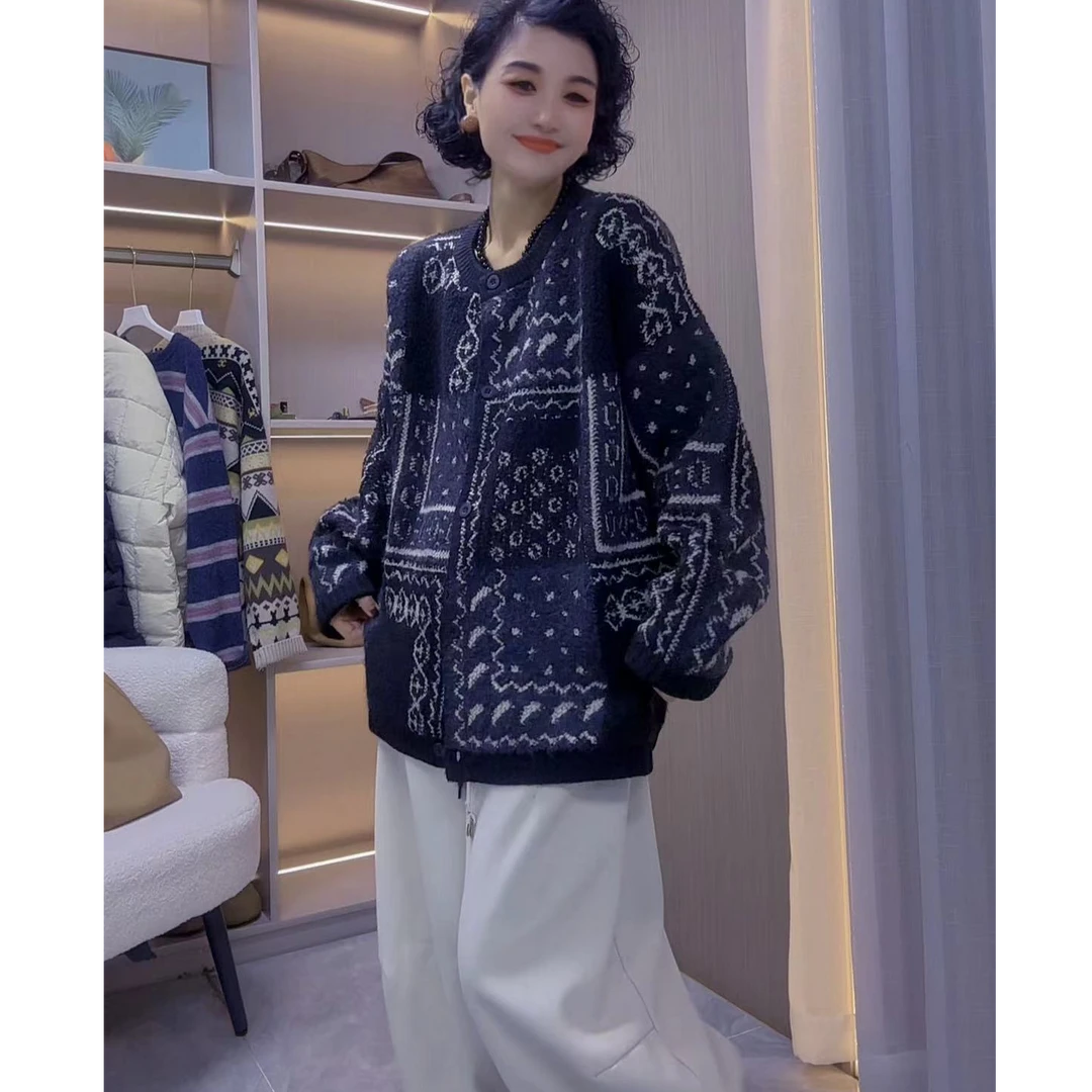 欧货冬季新款女针织宽松休闲厚款颗粒绒圆领毛衣