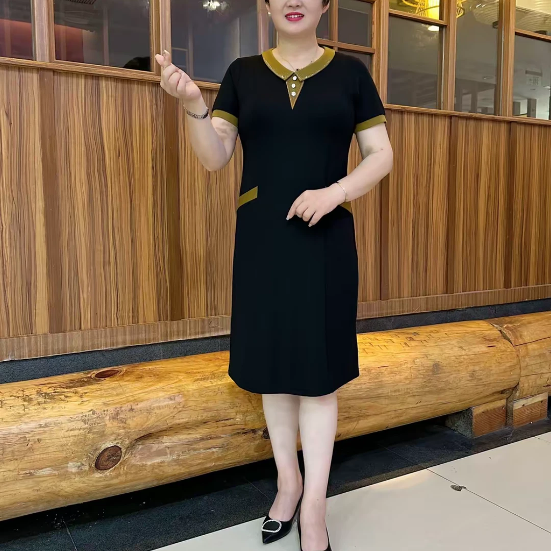 夏季新款时尚洋气翻领短袖拼接连衣裙显瘦减龄休闲百搭气质中长裙