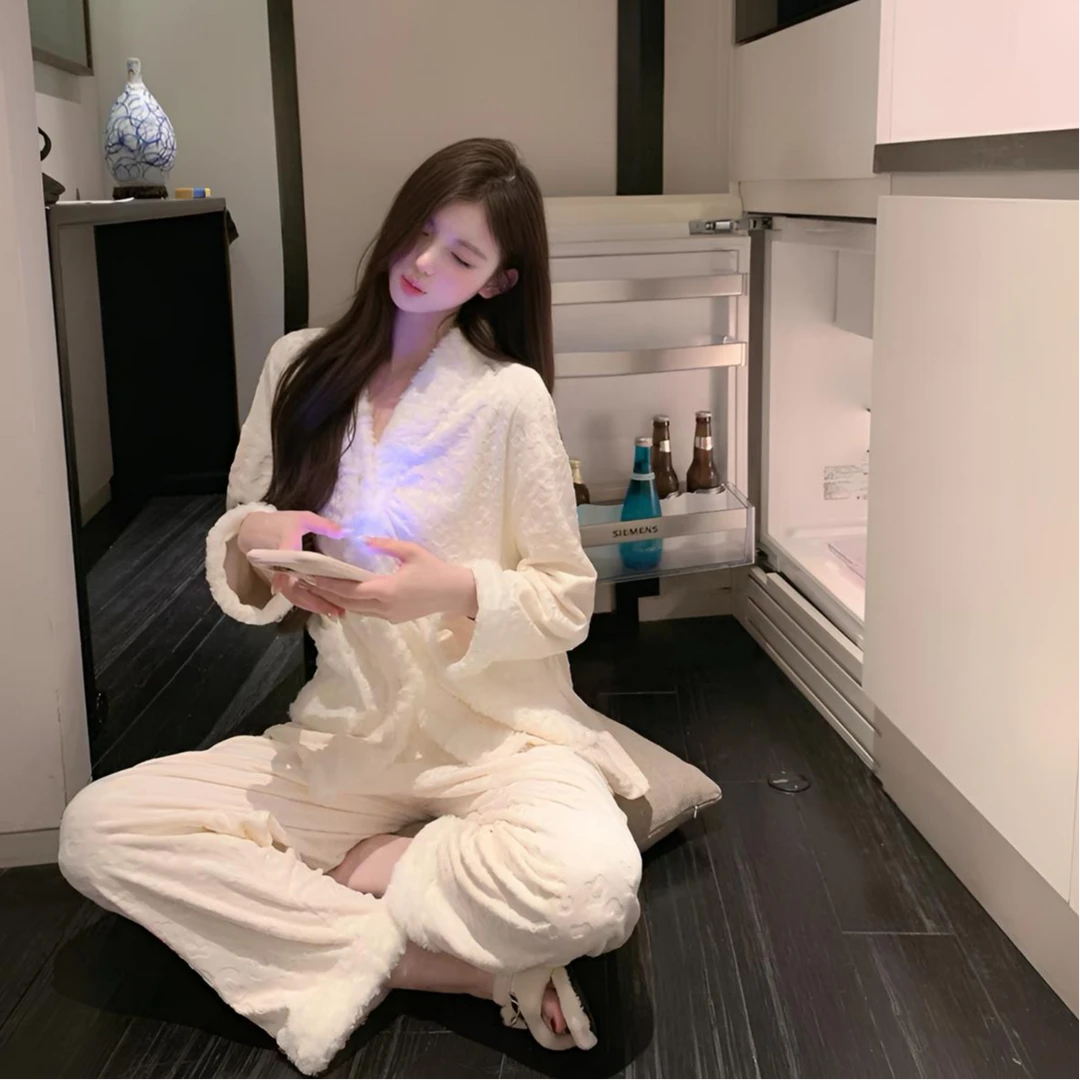 【豹纹海岛绒】睡衣女套装秋冬款v领保暖甜美时尚长袖款外出家居服