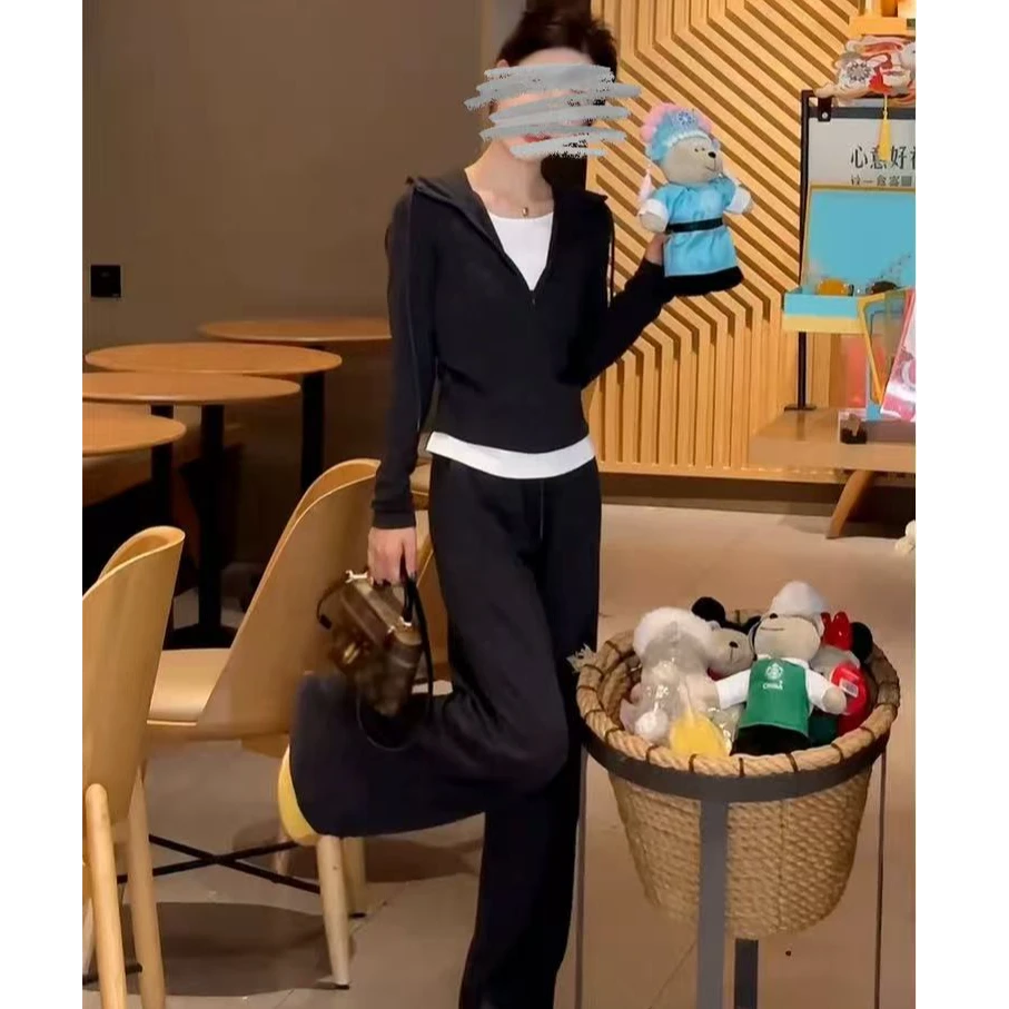 秋季轻熟风休闲百搭连帽假两件上衣高腰显瘦裤子套装