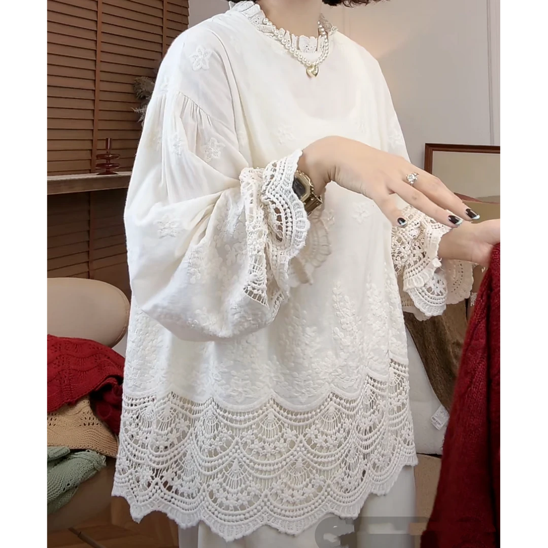 设计感刺绣领精美钩花袖口下摆衬衫女2025春季韩系百搭气质衬衣