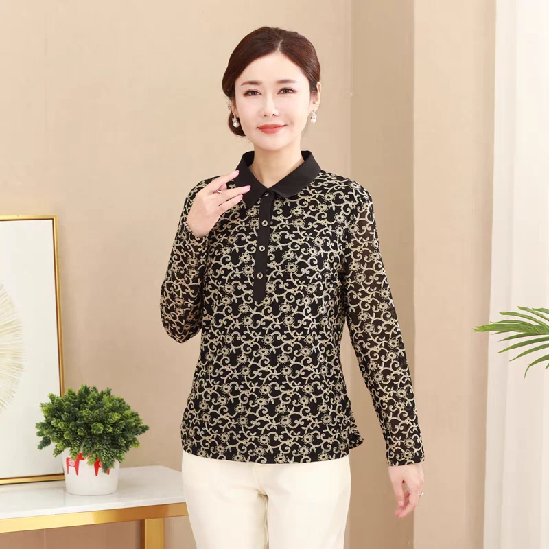 台湾弹力网纱上衣薄春秋女装长袖T恤弹力透气质洋气女装妈妈装