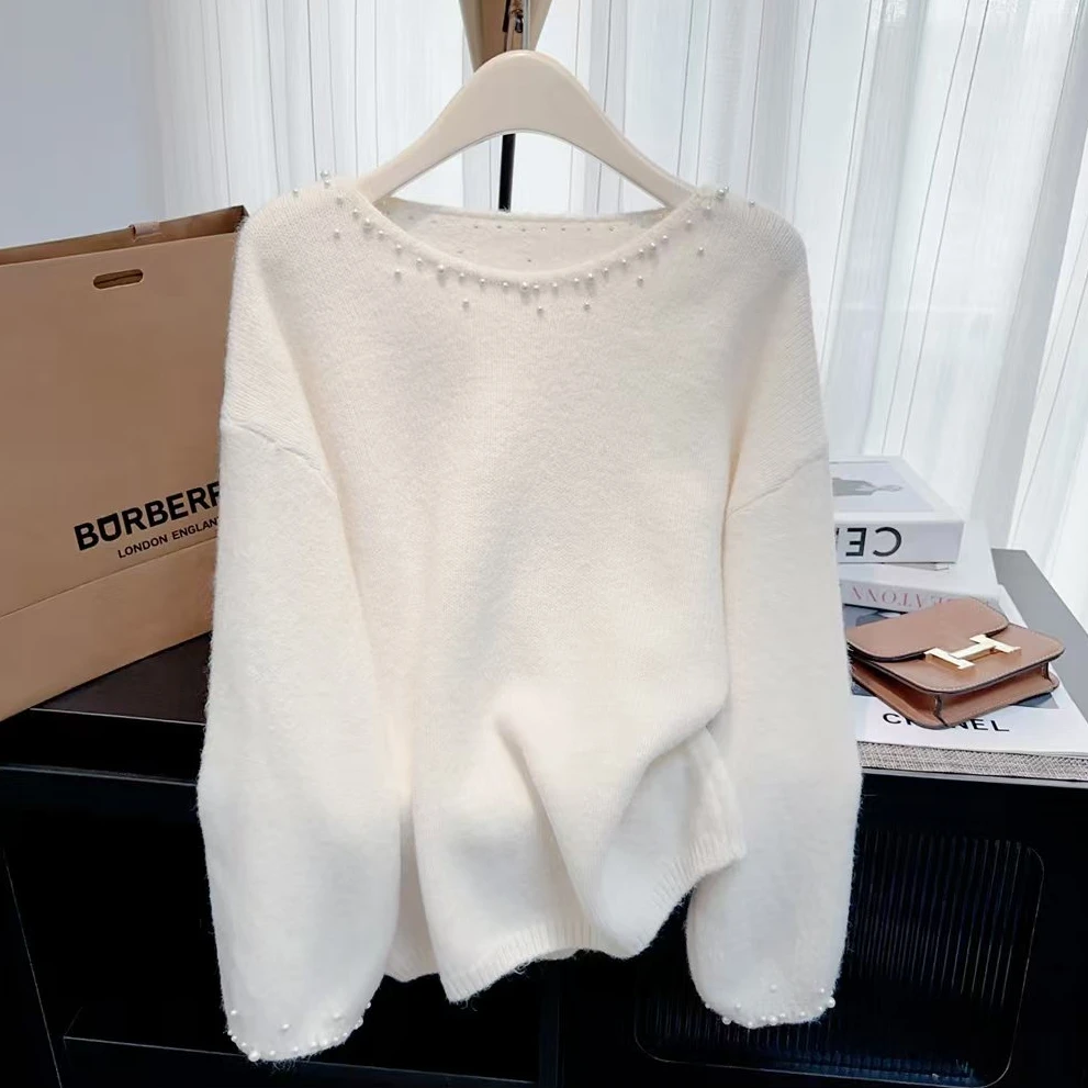 圆领重工钉珠长袖针织衫女2025春季新款设计感慵懒风软糯减龄毛衣