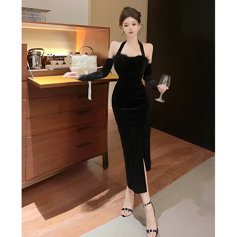 法式设计感秋季新款名媛气质纯欲性感赫本风一字肩挂脖丝绒包臀裙