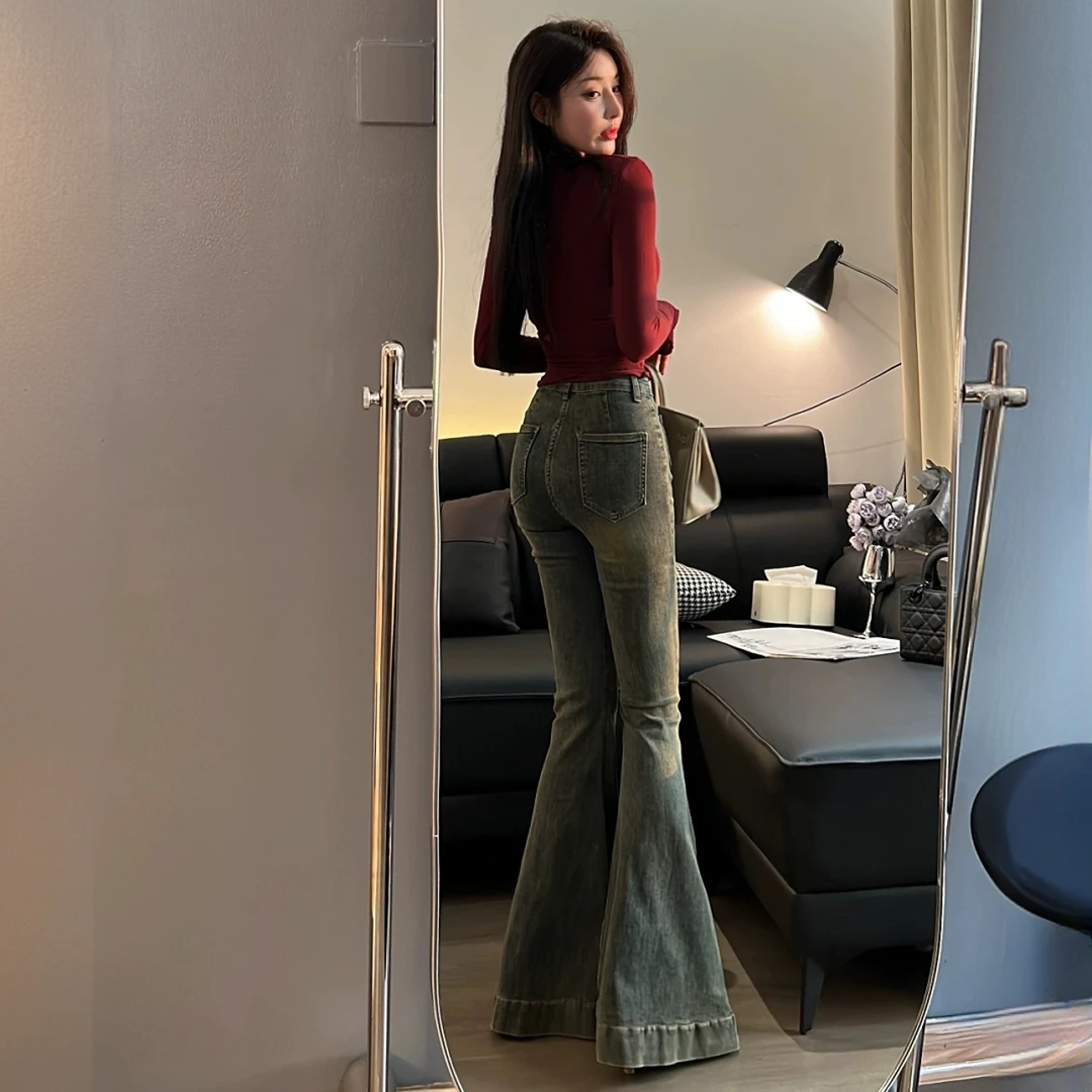 复古蓝高腰微喇牛仔裤女辣妹纯欲包臀修身显瘦时髦大喇叭拖地长裤