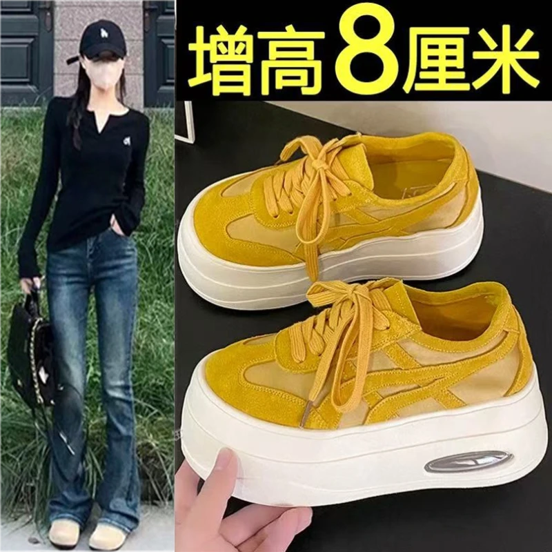 内增高黄色德训鞋女2025新款夏季透气轻便百搭厚底休闲板鞋松糕鞋