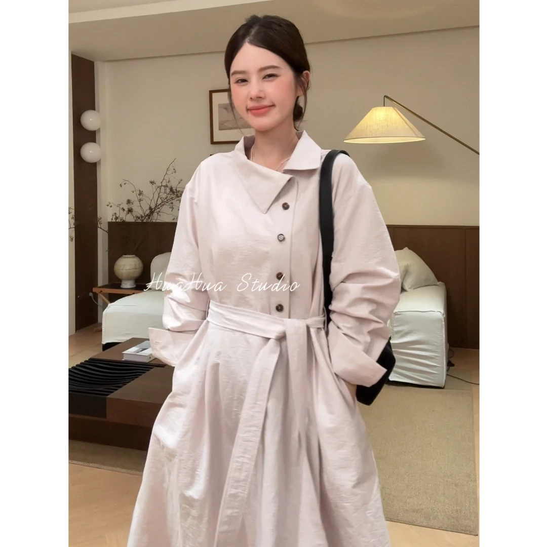 【花花】素颜裙~韩系斜门襟设计感系带收腰显瘦长款连衣裙