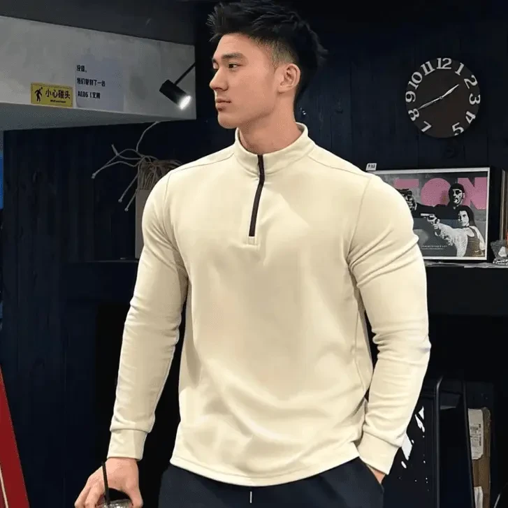 立领半拉链长袖男运动休闲服轻量化保暖外套德绒打底健身跑步上衣