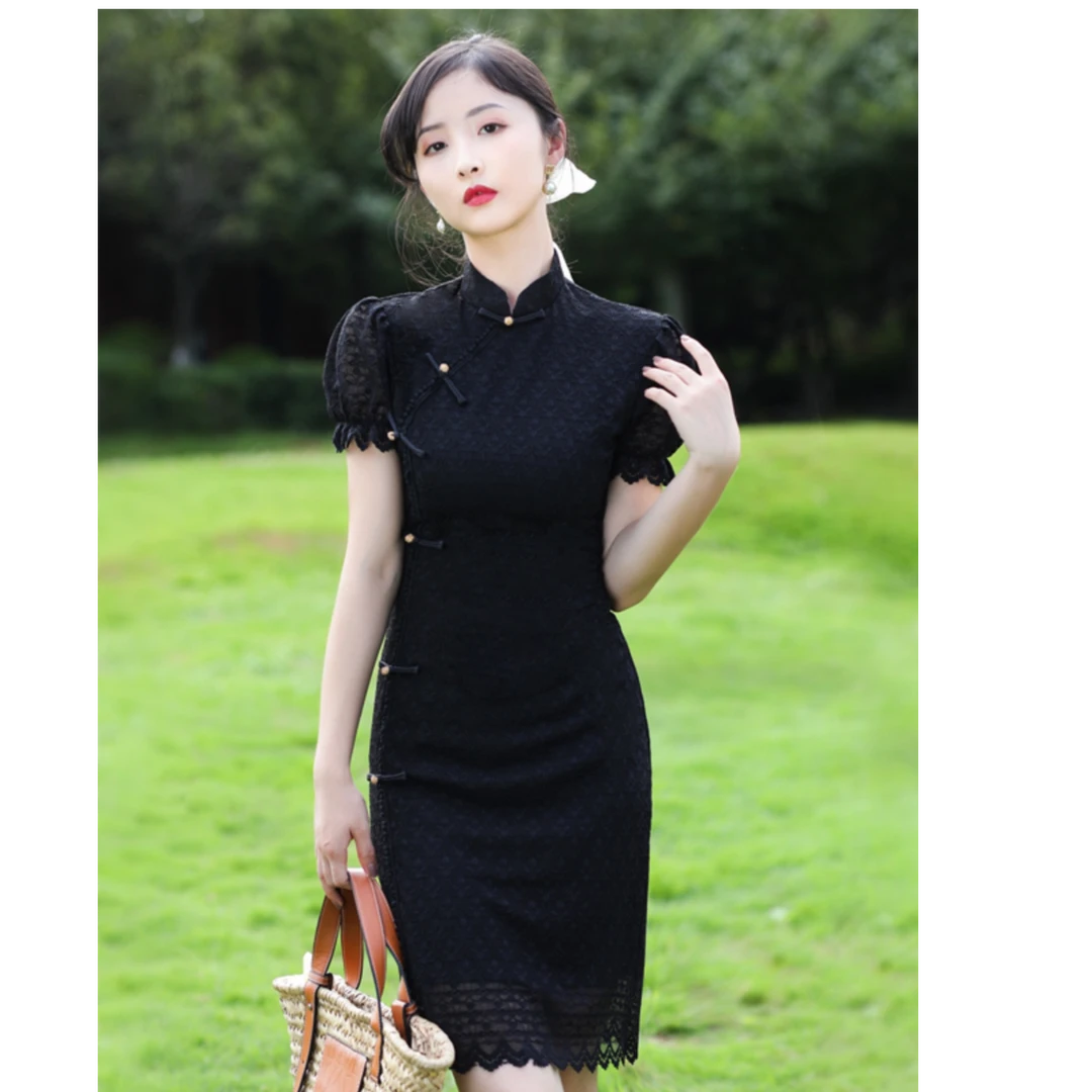 黑色旗袍改良版国潮复古蕾丝年轻款显瘦中式连衣裙女夏季