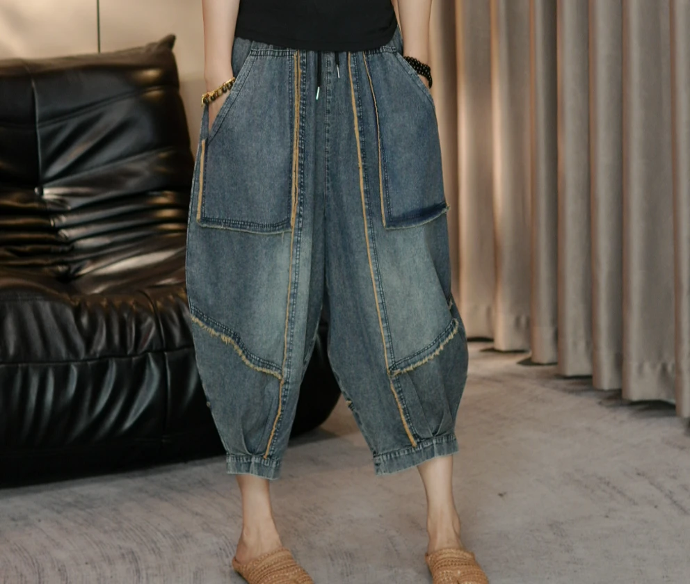 夏季新款毛边大口袋拼接牛仔哈伦老爹八分裤休闲复古薄款百搭