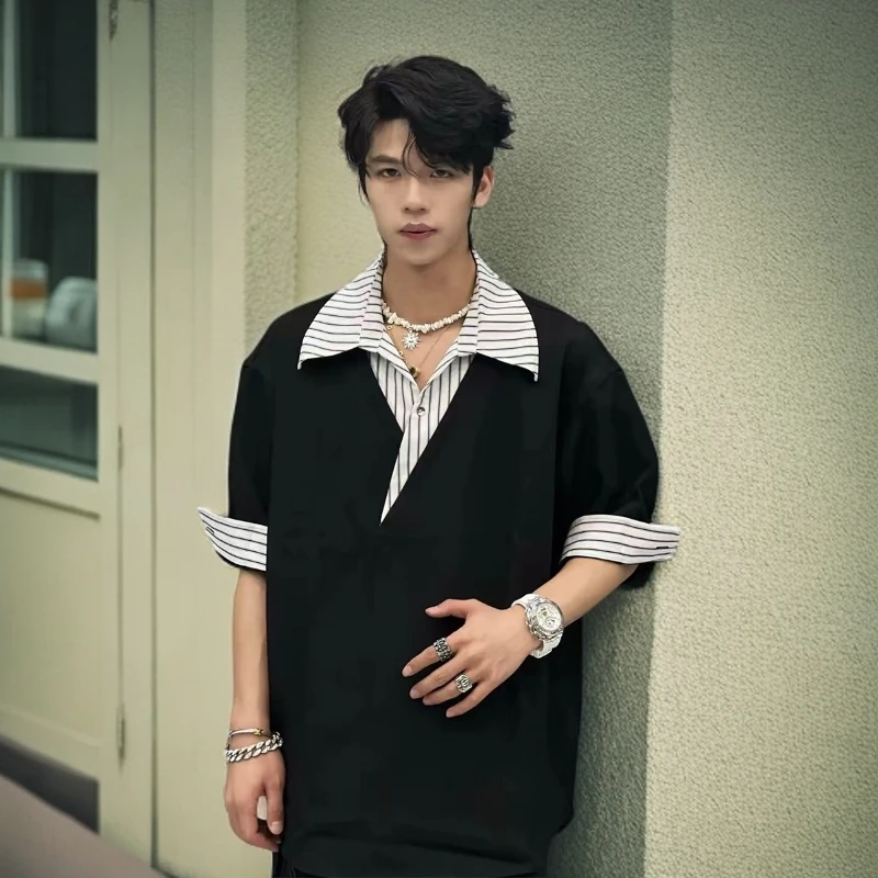 假两件短袖T恤男夏季美式潮牌拼色条纹Polo衫设计感百搭半袖上衣