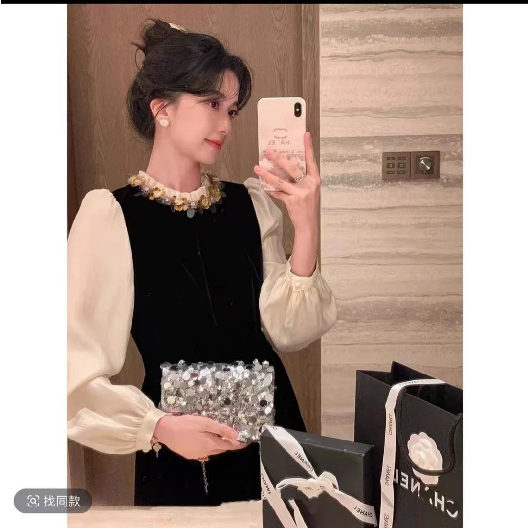 秋冬法式名媛小香风长袖拼接黑色丝绒连衣裙女收腰显瘦气质长裙子