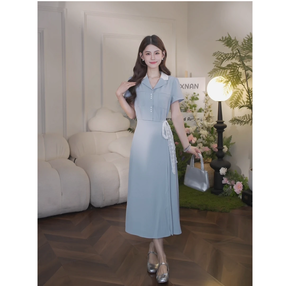 鹿向南「粉丝福利」夏季新款通勤气质连衣裙女高腰显瘦蓝色QJD00352