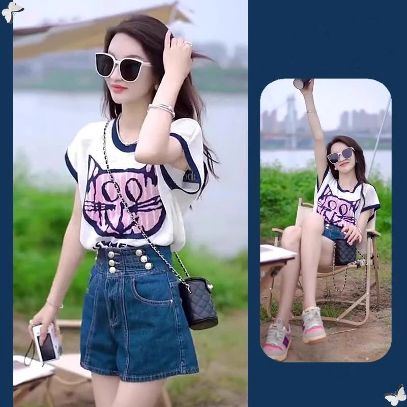 2025夏季新款港风复古时尚套装女洋气减龄撞色t恤牛仔短裤两件套