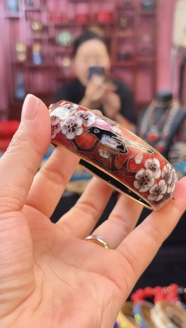 非遗 景泰蓝喜上眉梢开口镯 58-65 砖红