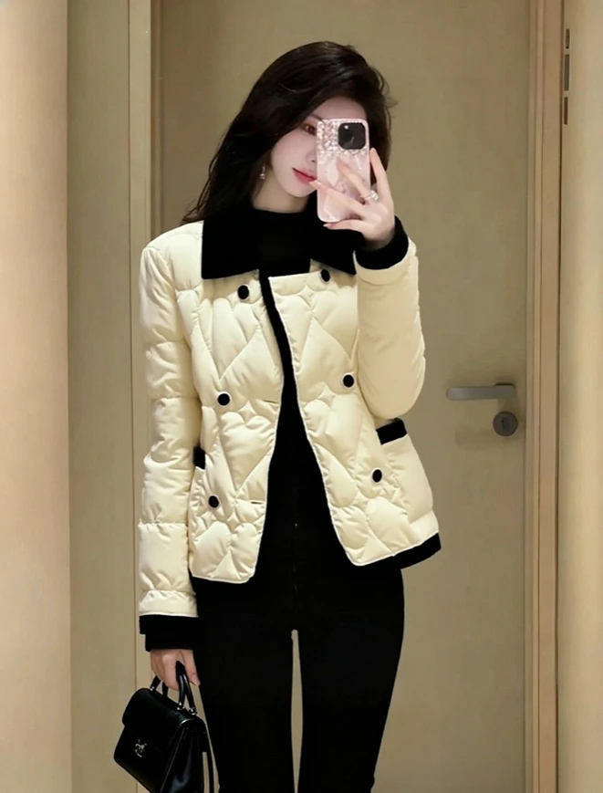 米杏色夹棉外套女初冬高端时髦洋气名媛小香风超好看翻领加厚棉服