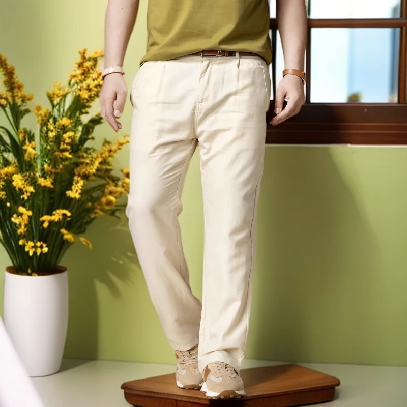 娜罗普西时尚天丝休闲裤男士夏季薄款透气宽松直筒棉麻长裤子男