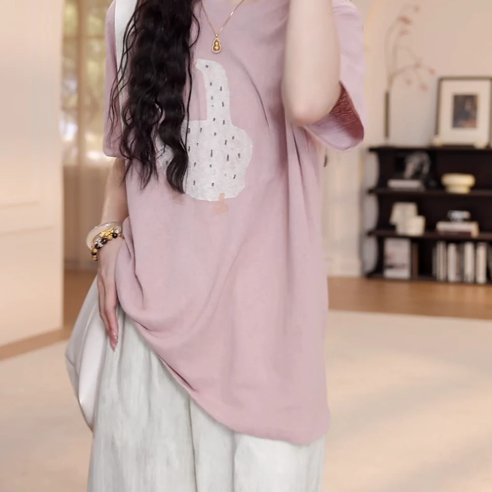 2025夏季新款宽松显瘦圆领大鹅短袖t恤粉色上衣半袖印花韩版