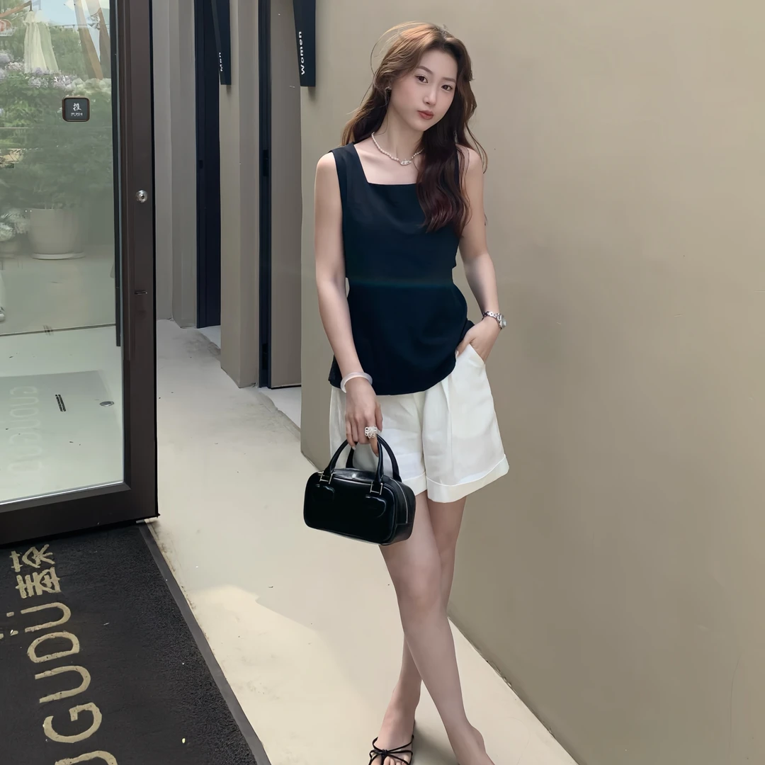 『P.SO』天丝亚麻短裤附带编织腰带内带里衬不透肤