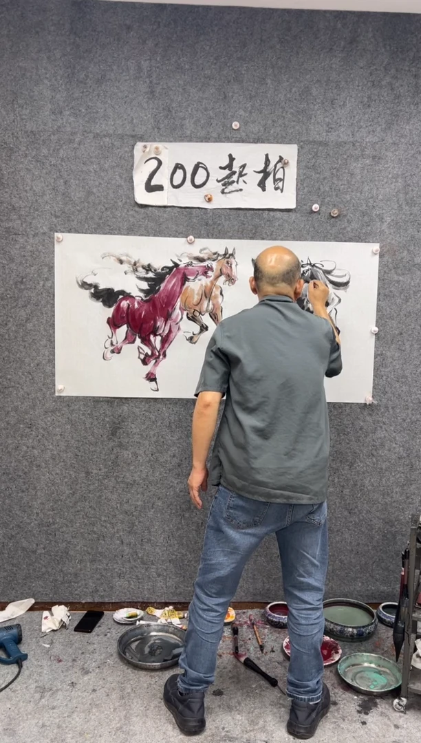 国画三骏呈祥 彩色 带收藏证书