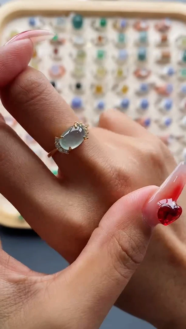 【闪购商品】翡翠戒指银S925镶嵌缅甸天然A货翡翠111 4-8