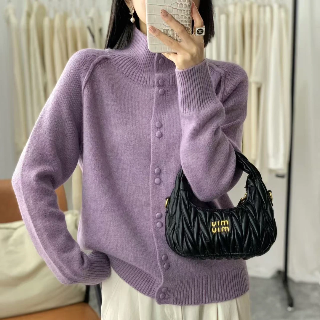 【芊荨精选】2024冬季韩系气质休闲高领撞色纽扣软糯针织开衫S648#