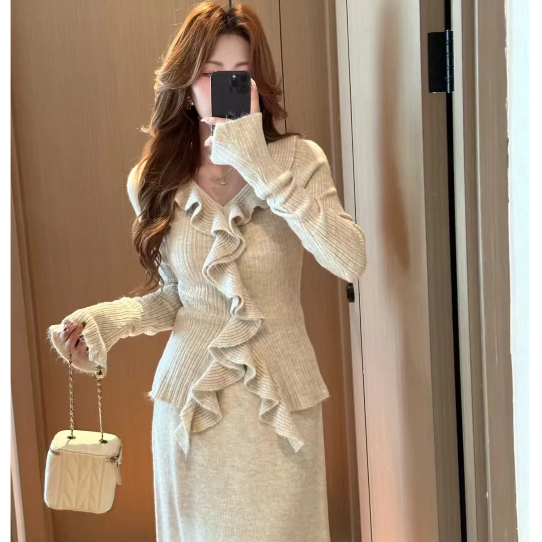 秋季新款通勤简约轻熟风法式时尚套装长裙秋冬连衣裙花边修身