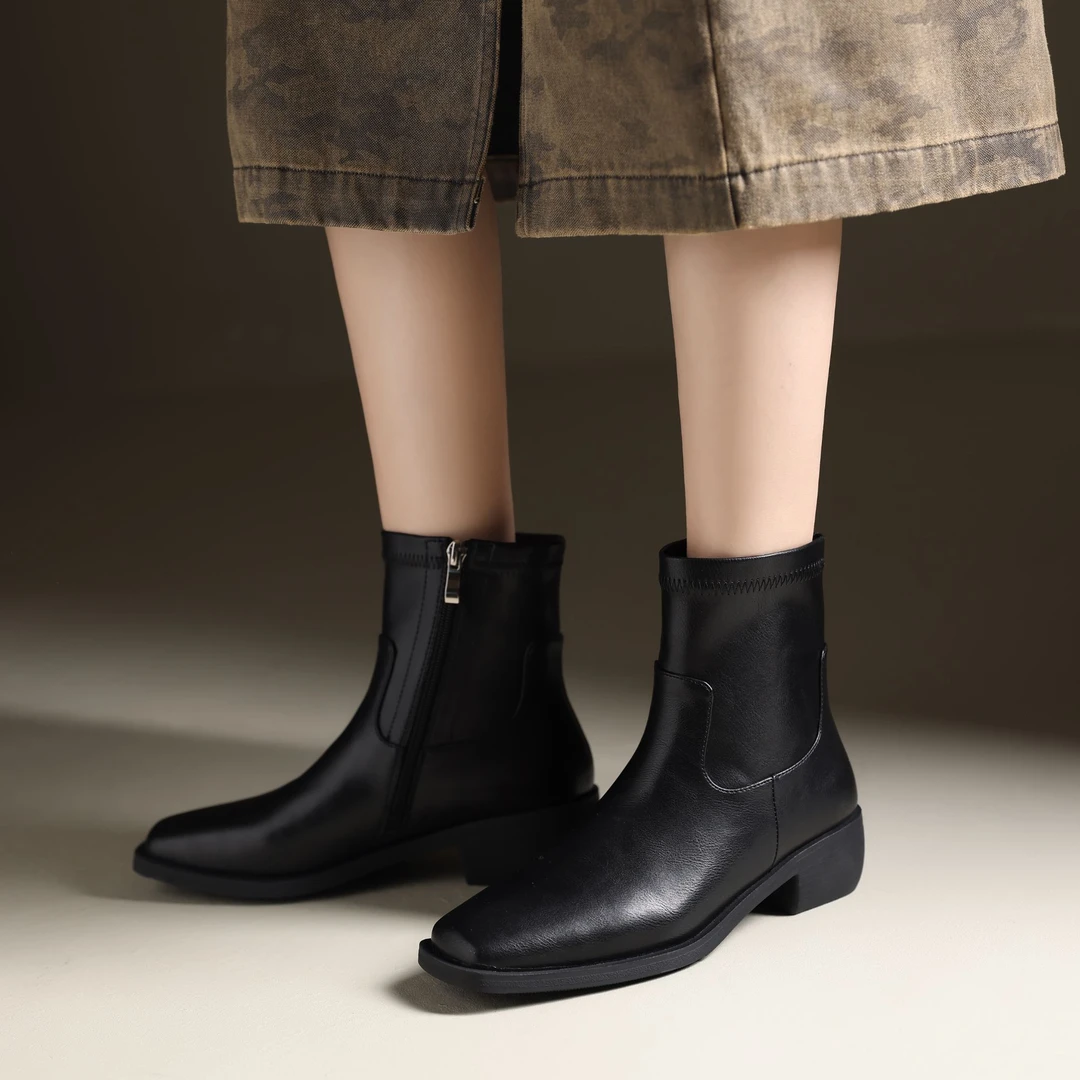 JN5X03/羊皮/4cm【Veyra】秋冬新款百搭方头弹力女士靴粗跟复古拉链