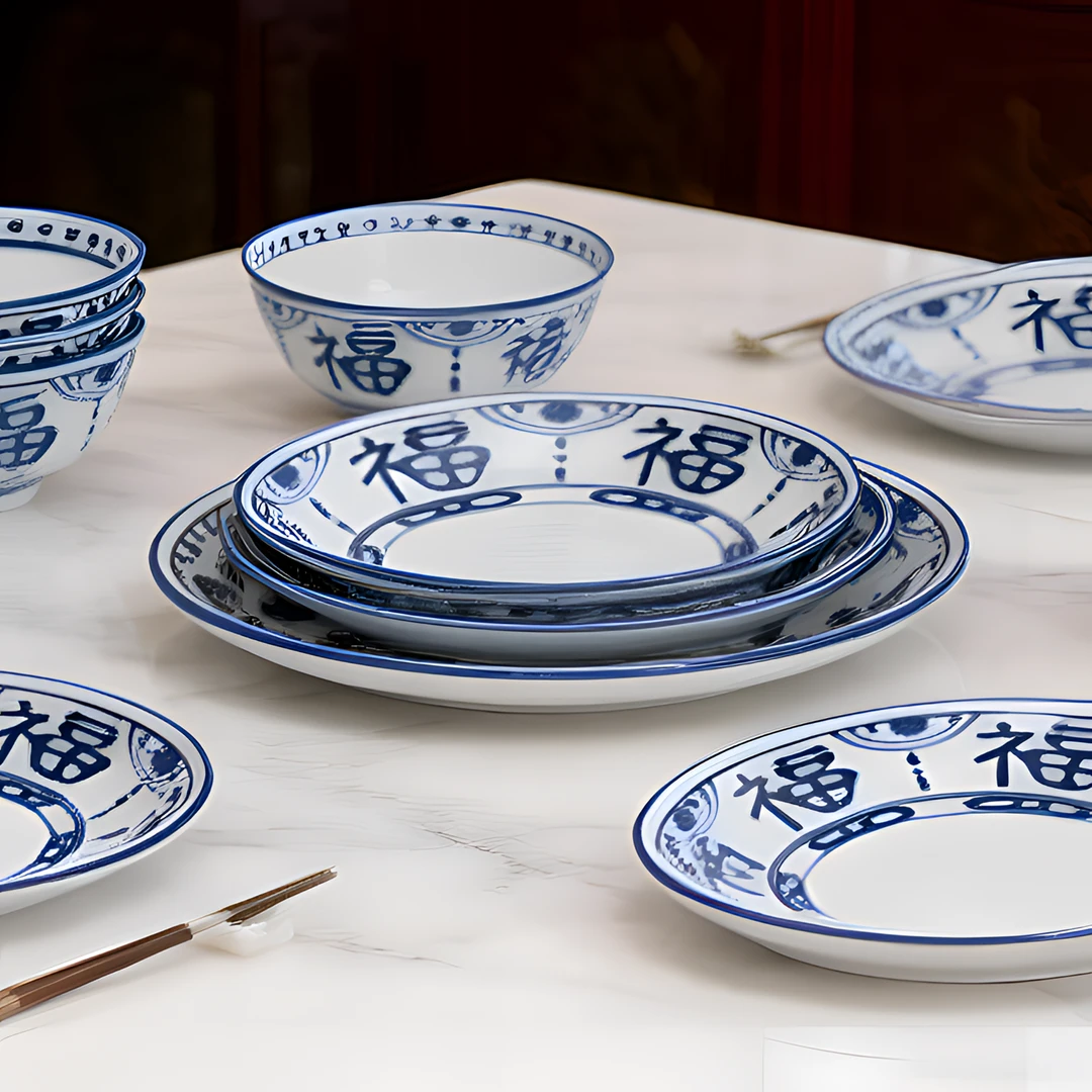 易清洗釉彩碗碟汤盘陶瓷器家用碗简约中国风福文字中式复古釉下彩