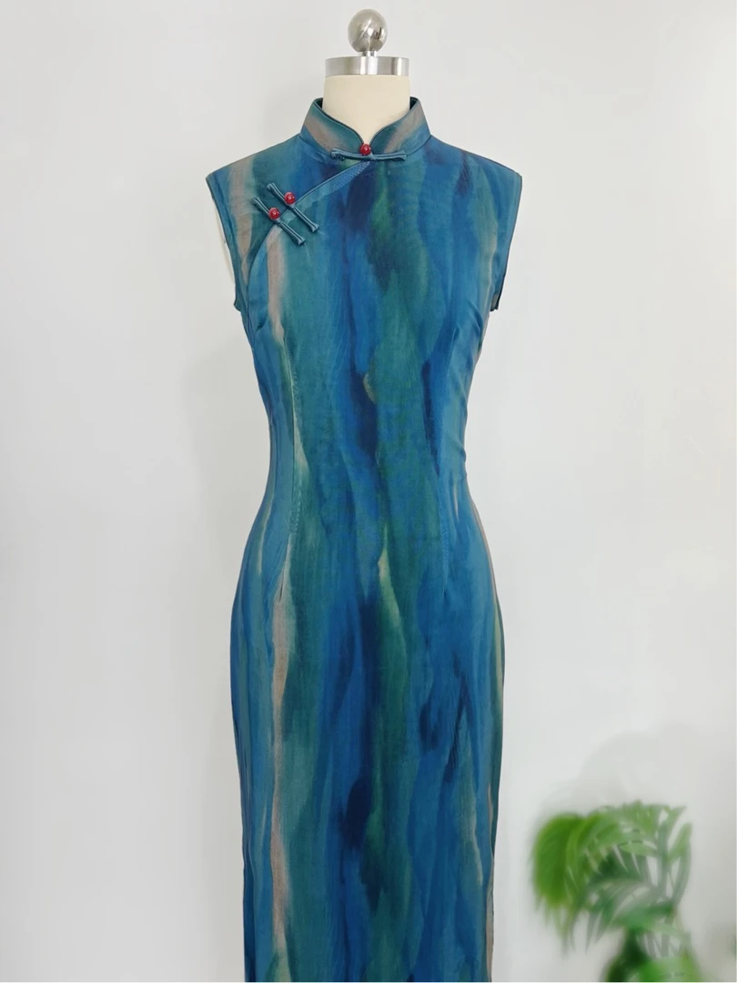 （流光125cm）夏季薄款旗袍无袖款气质优雅显瘦连衣裙蓝色旗袍