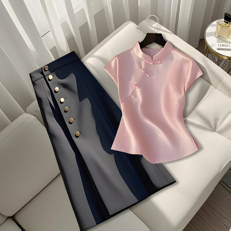 2025夏季新款今年流行爆款新中式国风修身显瘦上衣高腰百搭半身裙