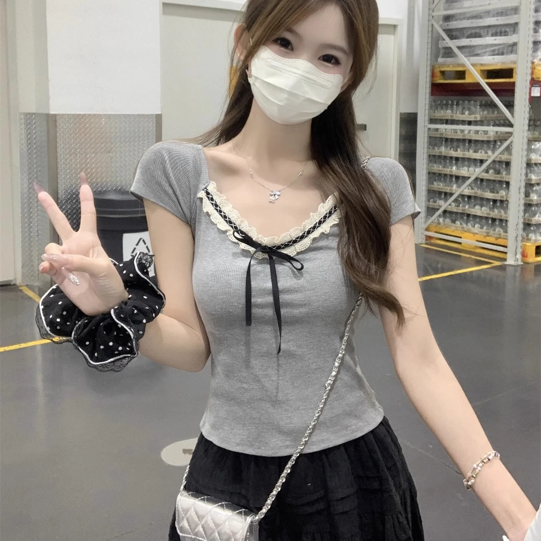 蕾丝蝴蝶结锁骨短袖T恤女夏季新款纯欲风甜辣收腰上衣修身打底衫