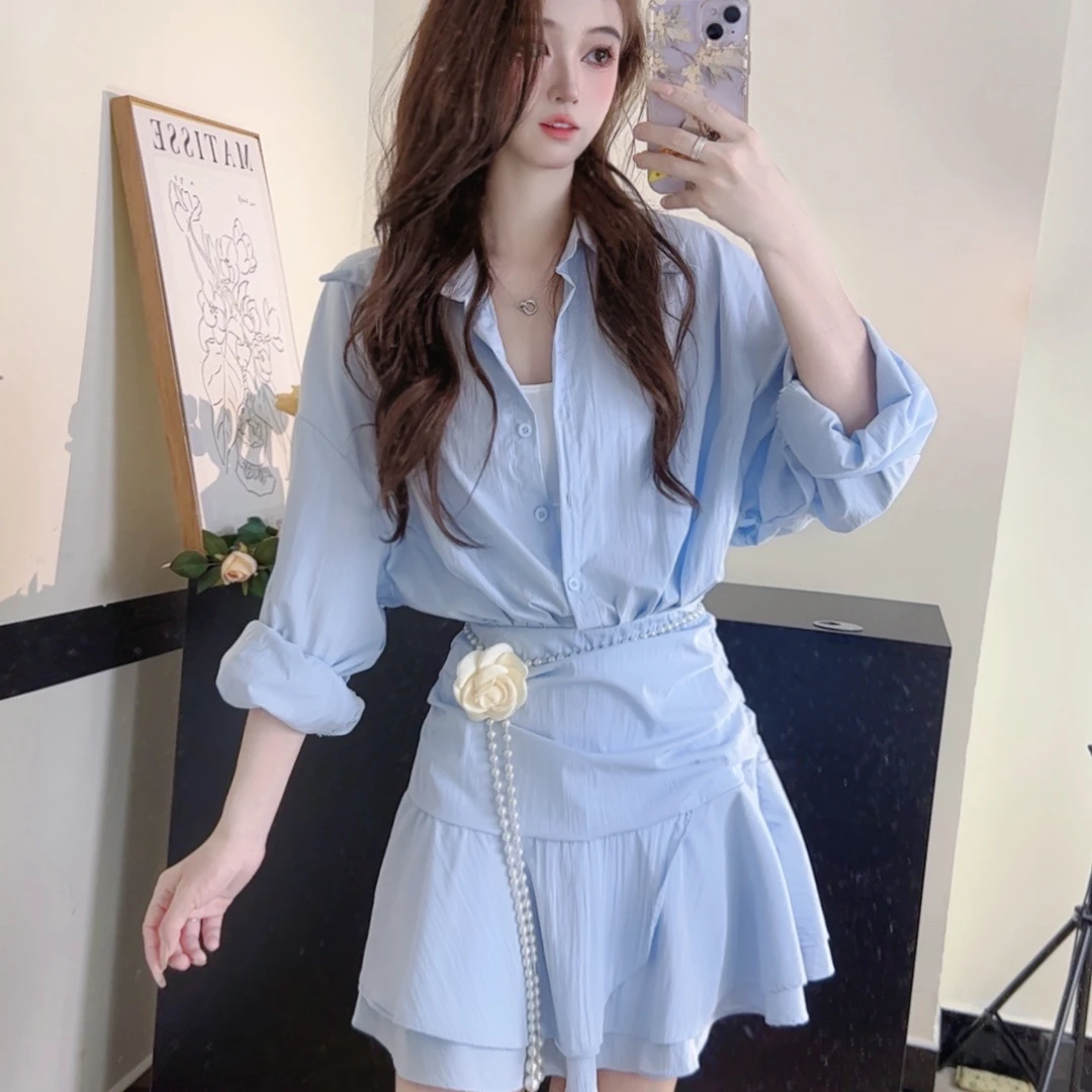假两件长袖衬衫连衣裙季2025新款小个子超好看短裙