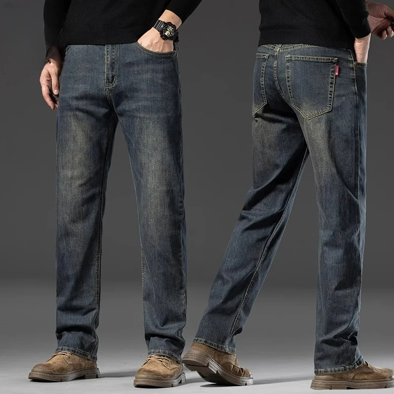 香港高端复古水泥灰牛仔裤男士宽松直筒弹力2025秋冬加绒休闲长裤