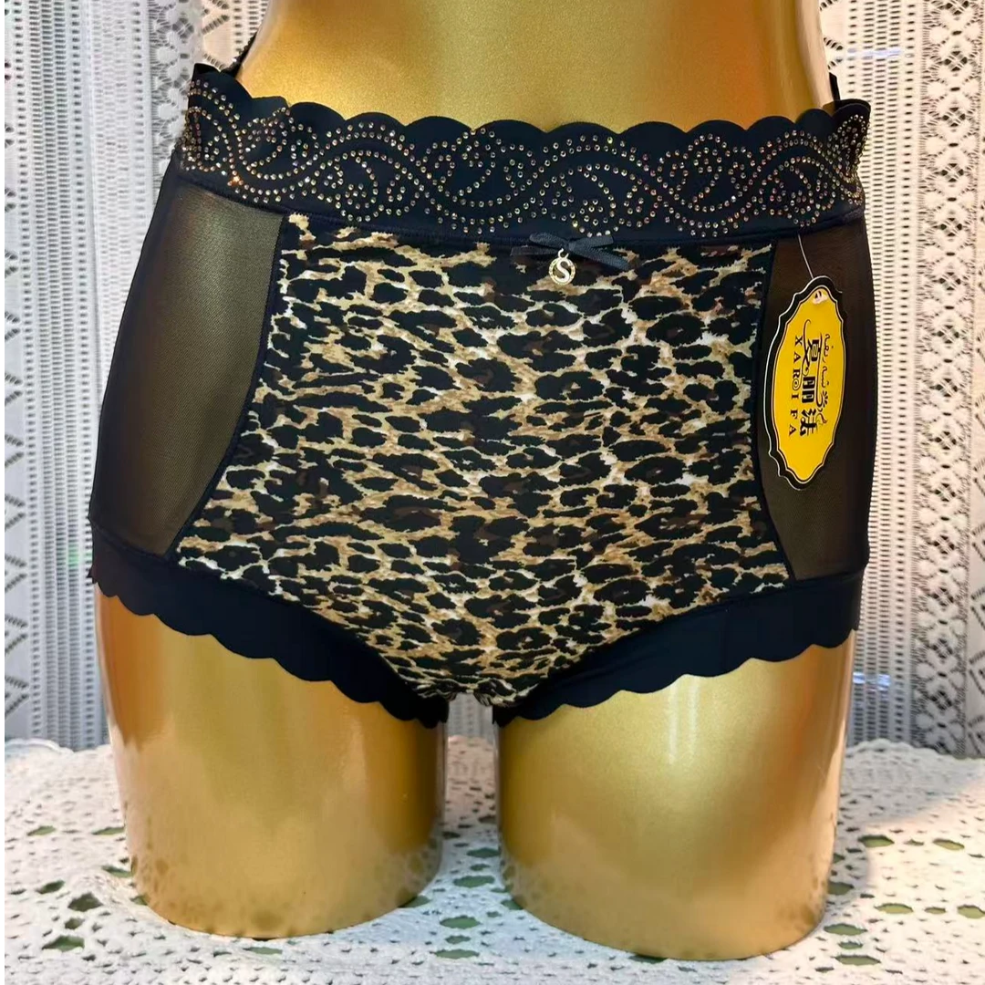 xarifa烫钻豹纹冰丝网纱拼接女士大码高腰三角内裤6030