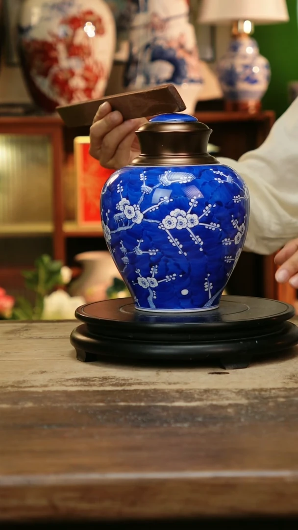 摆件景德镇纯手工釉下彩精品茶叶罐