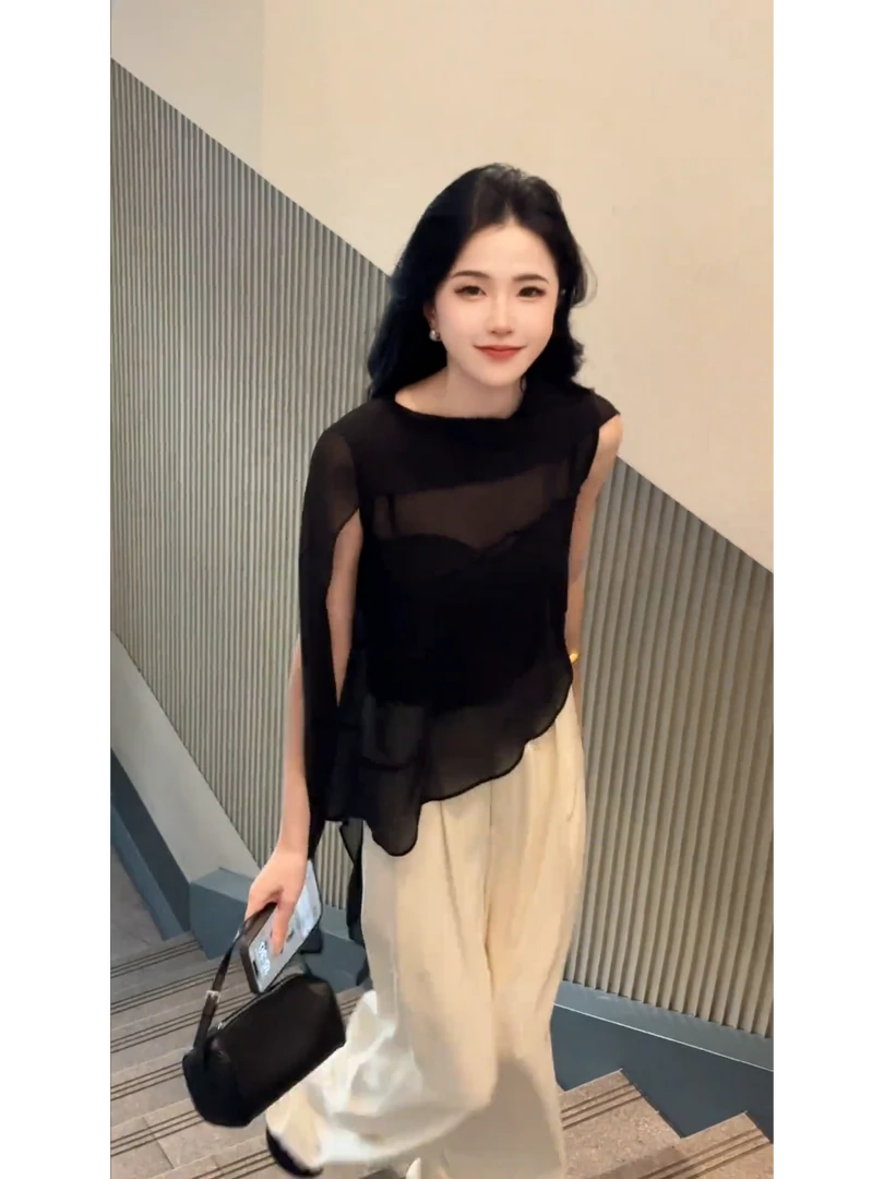 夏季穿搭一整套女装2025新款规则飘带黑色上衣高腰阔腿裤两件套潮