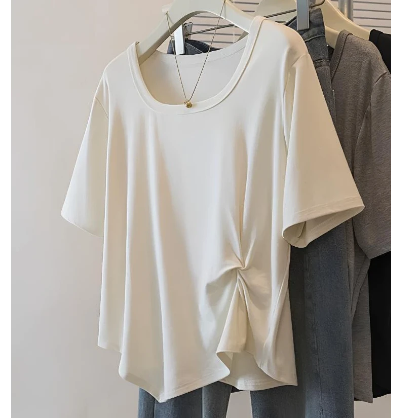 2025夏季新款大码白色短袖正肩t恤女装胖mm不规则显瘦遮肚子上衣
