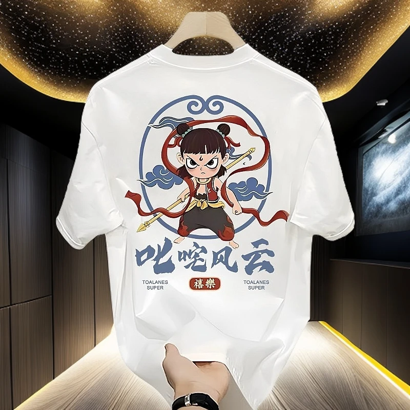 2025新款潮牌纯棉短袖t恤男美式夏季宽松ins圆领上衣印花哪吒主题