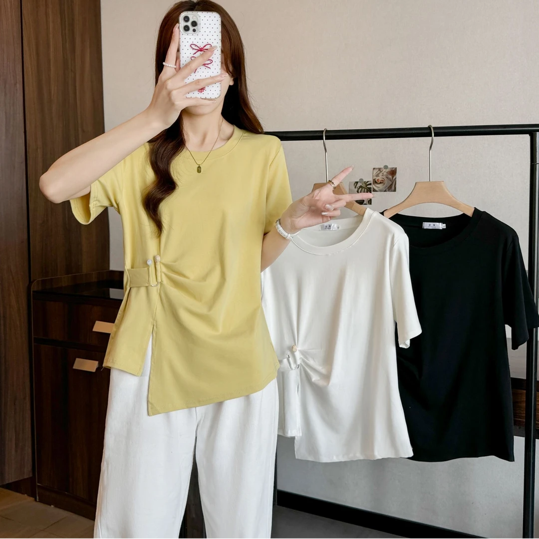 夏装胖妹妹大码时尚百搭国风不对称收腰短袖洋气上衣T恤潮